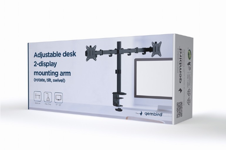 Arm for 2 monitors 17”-32” Gembird MA-D2-01, Adjustable desk 2-display mounting arm (rotate, tilt, swivel), VESA 75/100, up to 9 kg, black — изображение 3
