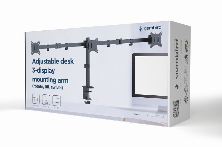 Arm for 3 monitors 17”-27” Gembird MA-D3-01, Adjustable desk 3-display mounting arm (rotate, tilt, swivel), up to 7 kg, VESA 75/100, black — изображение 3