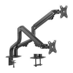 Arm for 2 monitors 17”-32” — Gembird MA-DA2-02, Steel (1.35 mm), Gas spring 2-8 kg per screen, VESA 75/100, arm rotates, extends and retracts, tilts to change reading angles, and allows to rotate display from landscape-to-portrait mode