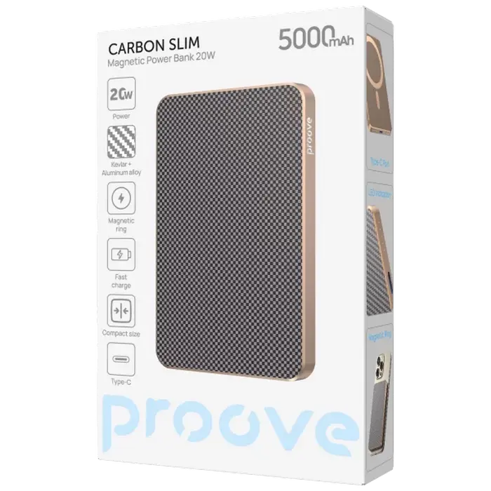 Портативное зарядное устройство Proove Carbon Slim 20W, 5000мА·ч, Золотой