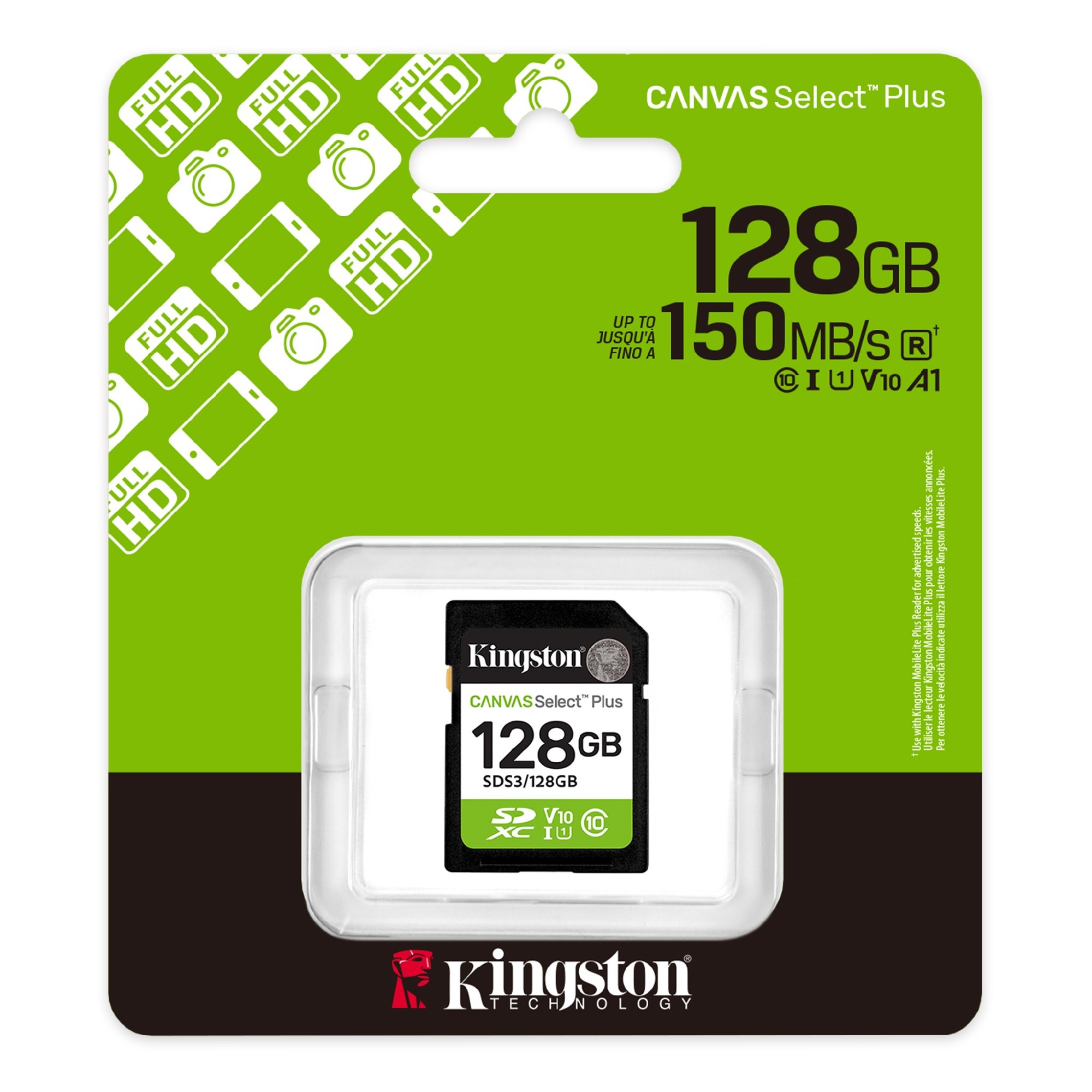 Карта памяти SD  128GB Kingston Canvas Select Plus, 150MB/s