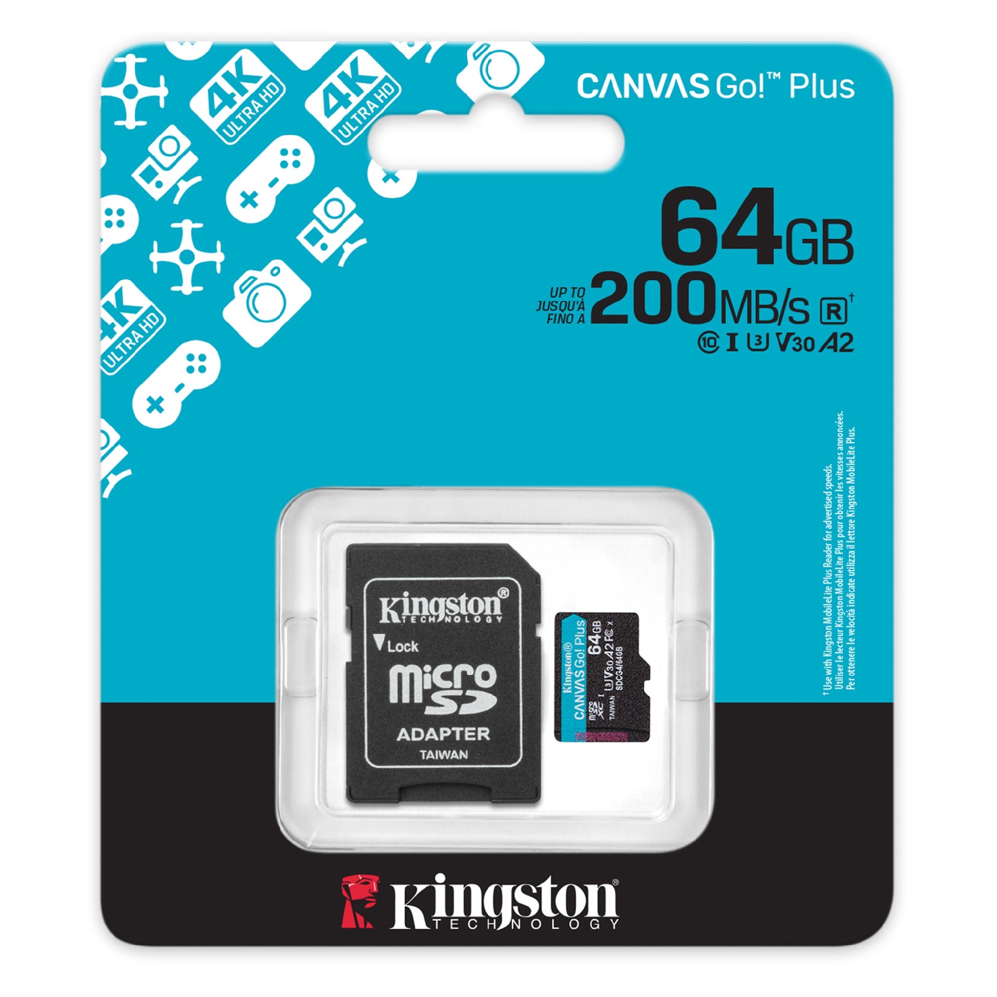 Карта памяти microSD 64GB Kingston Canvas Go Plus Gen 4, A2, up to 200MB/s, + SD adapter