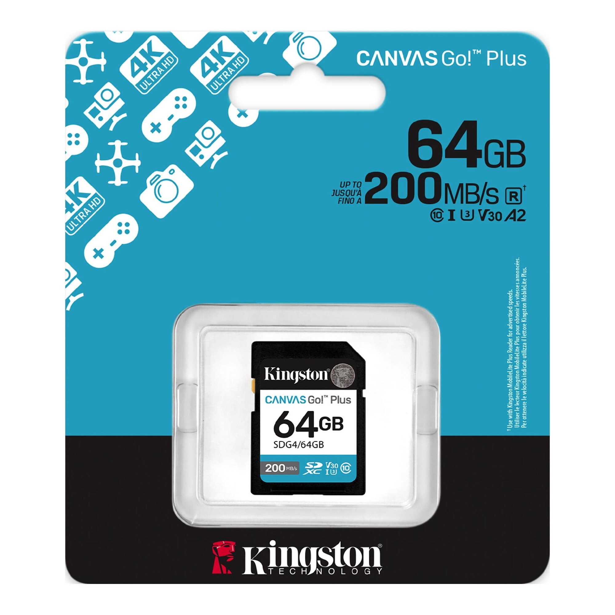 Карта памяти SD 64GB Kingston Canvas Go! Plus G4, 200/160MB/s