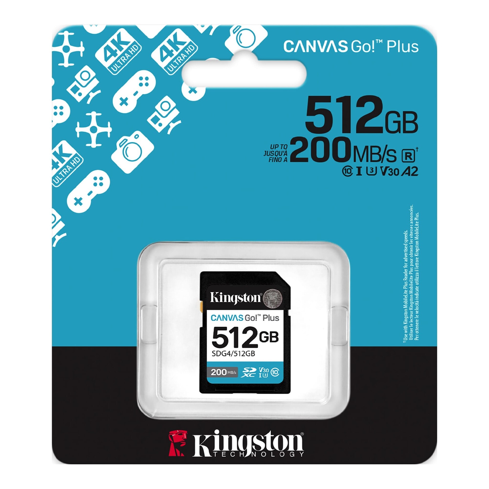 Карта памяти SD 512GB Kingston Canvas Go! Plus G4, 200/160MB/s