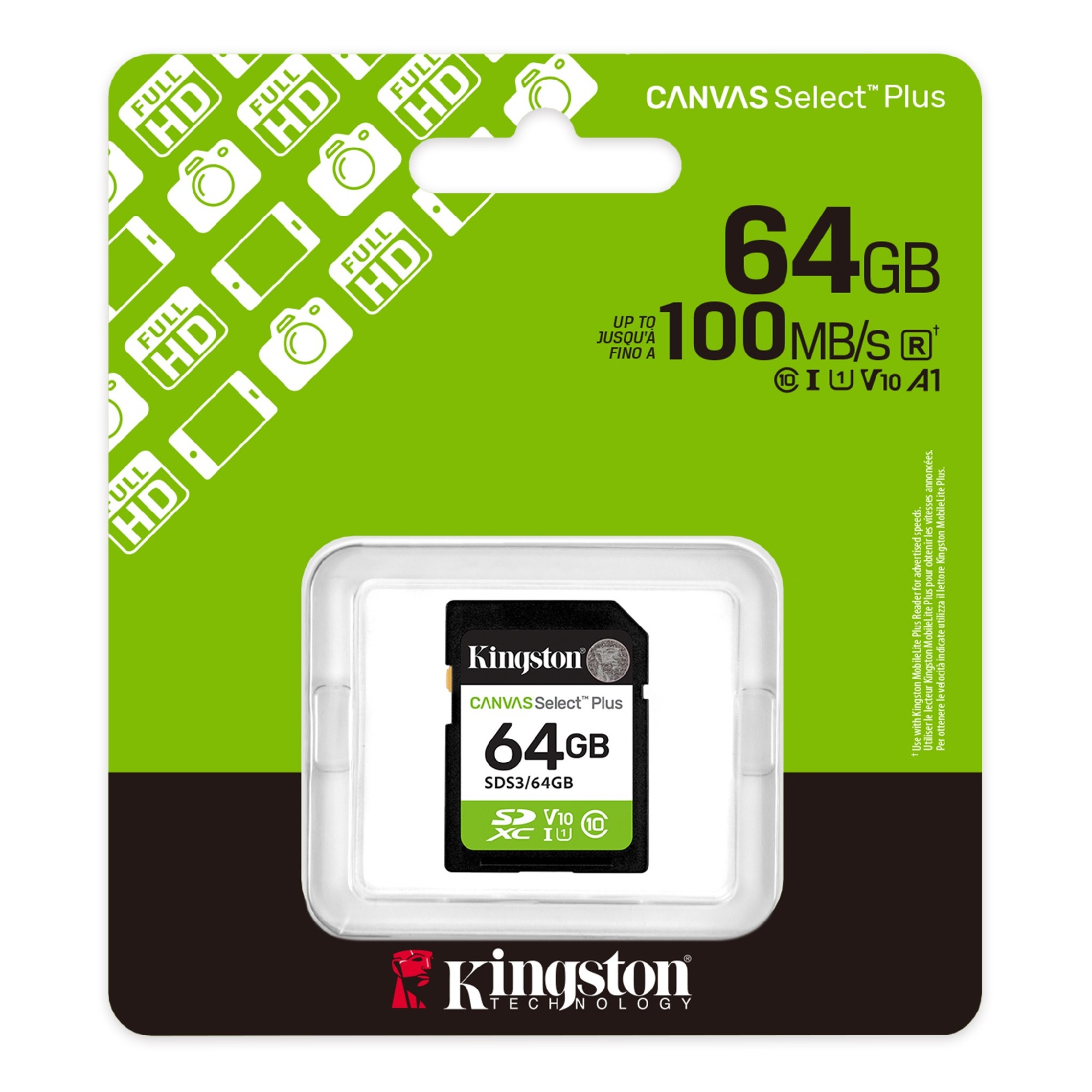Карта памяти SD  64GB Kingston Canvas Select Plus, 150MB/s