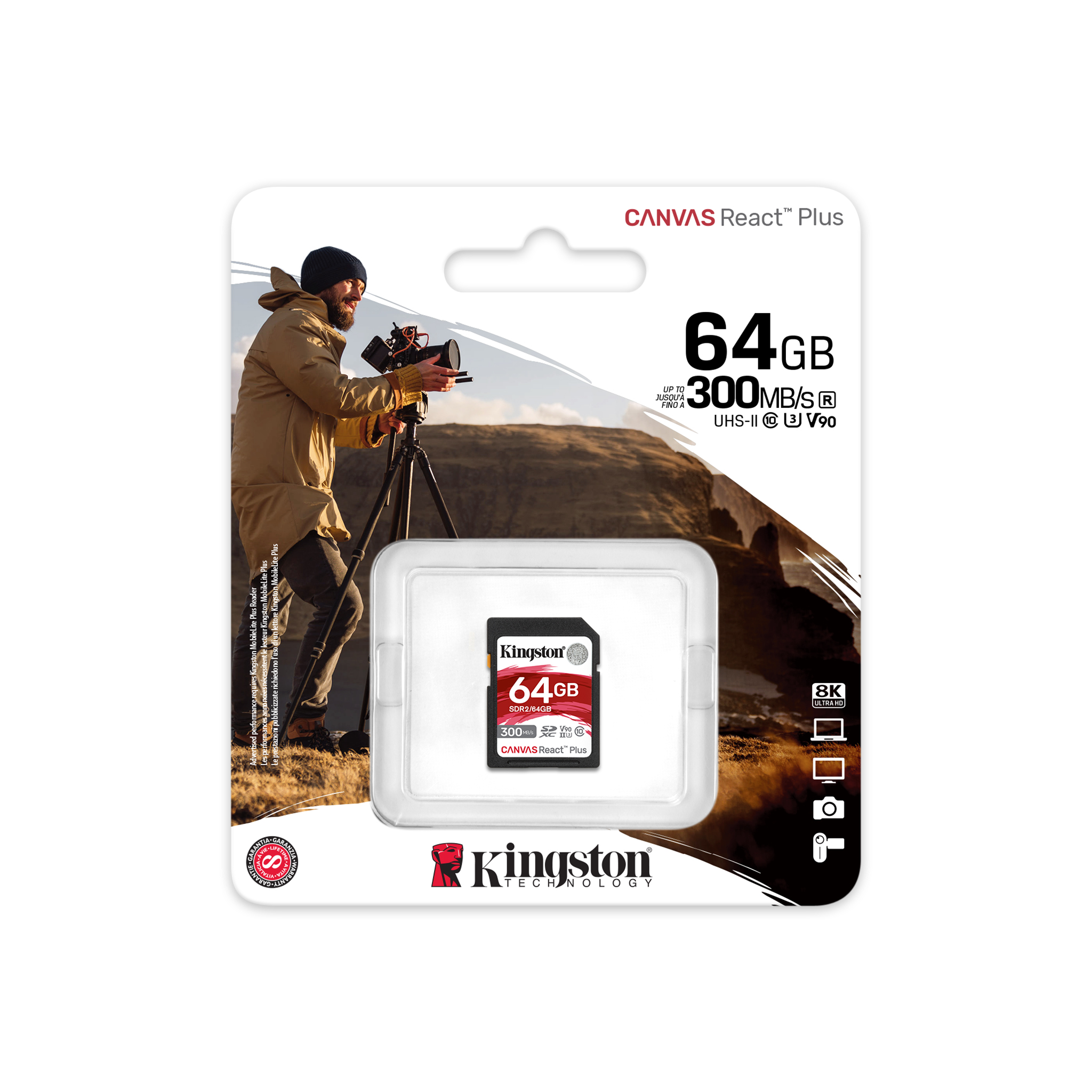 Карта памяти SD 64GB V90 Kingston Canvas React Plus, 300MB/s, UHS-II